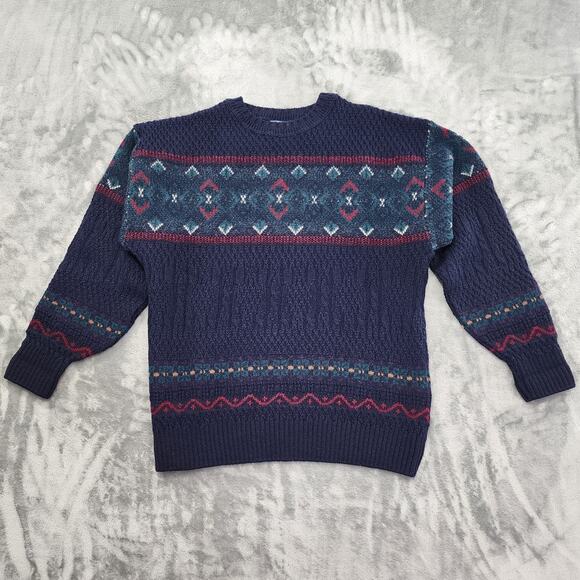 Vintage 70s Pendleton Sweater Mens L Navy Blue Fair Isle Wool Crew Neck Pullover - Picture 1 of 7